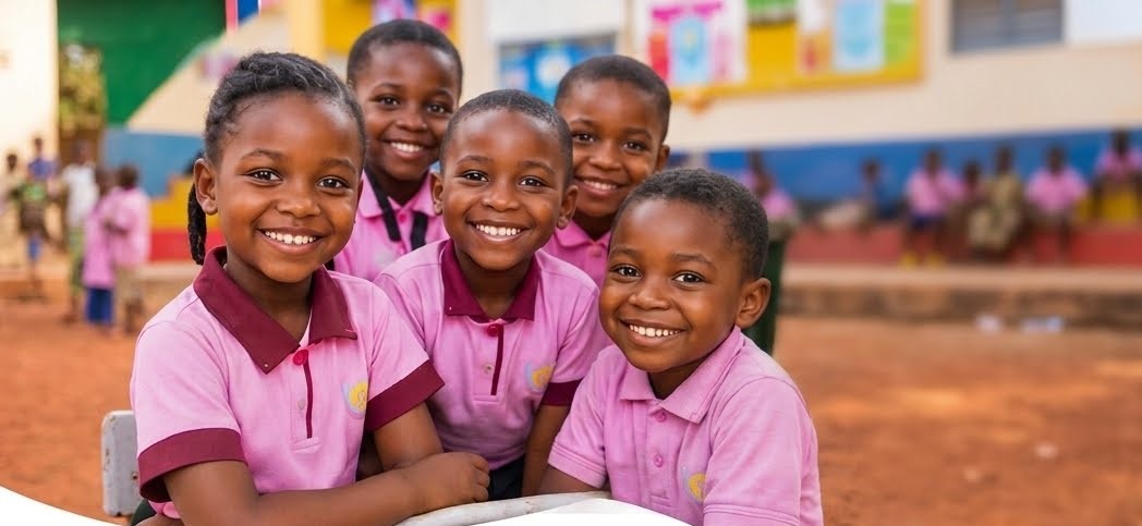 Cinq enfants souriants en uniforme rose dans la cour de l’école Les Graines d’Espoir